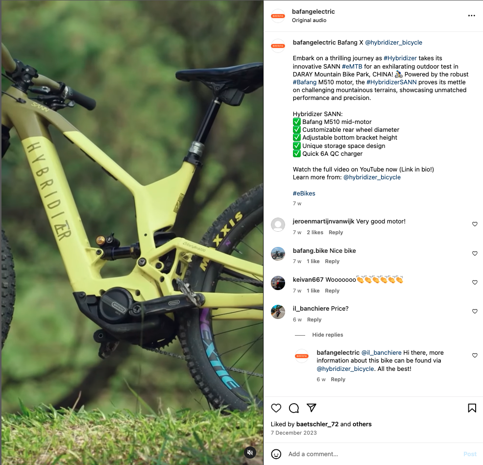 A Bafang x Hybridizer partner post on Instagram.